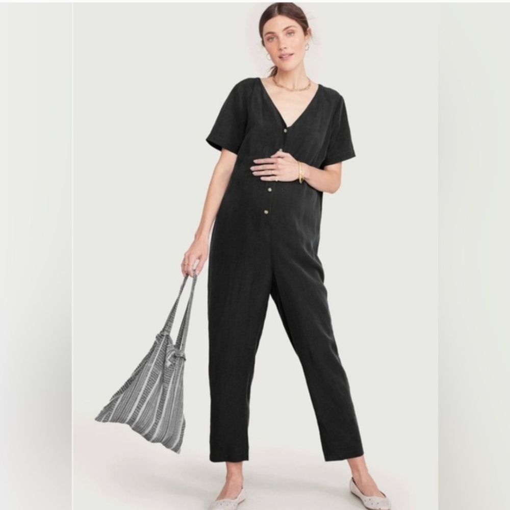 HATCH Womens Noelle Maternity Jumpsuit Black Tencel Linen V-Neck Size 1 nursing